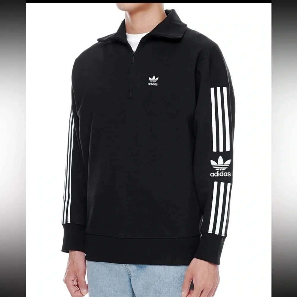 Adidas Originals Unisex Black w/Wht Stripe Quarter Zip Sweatshirt-Men M, Woman L